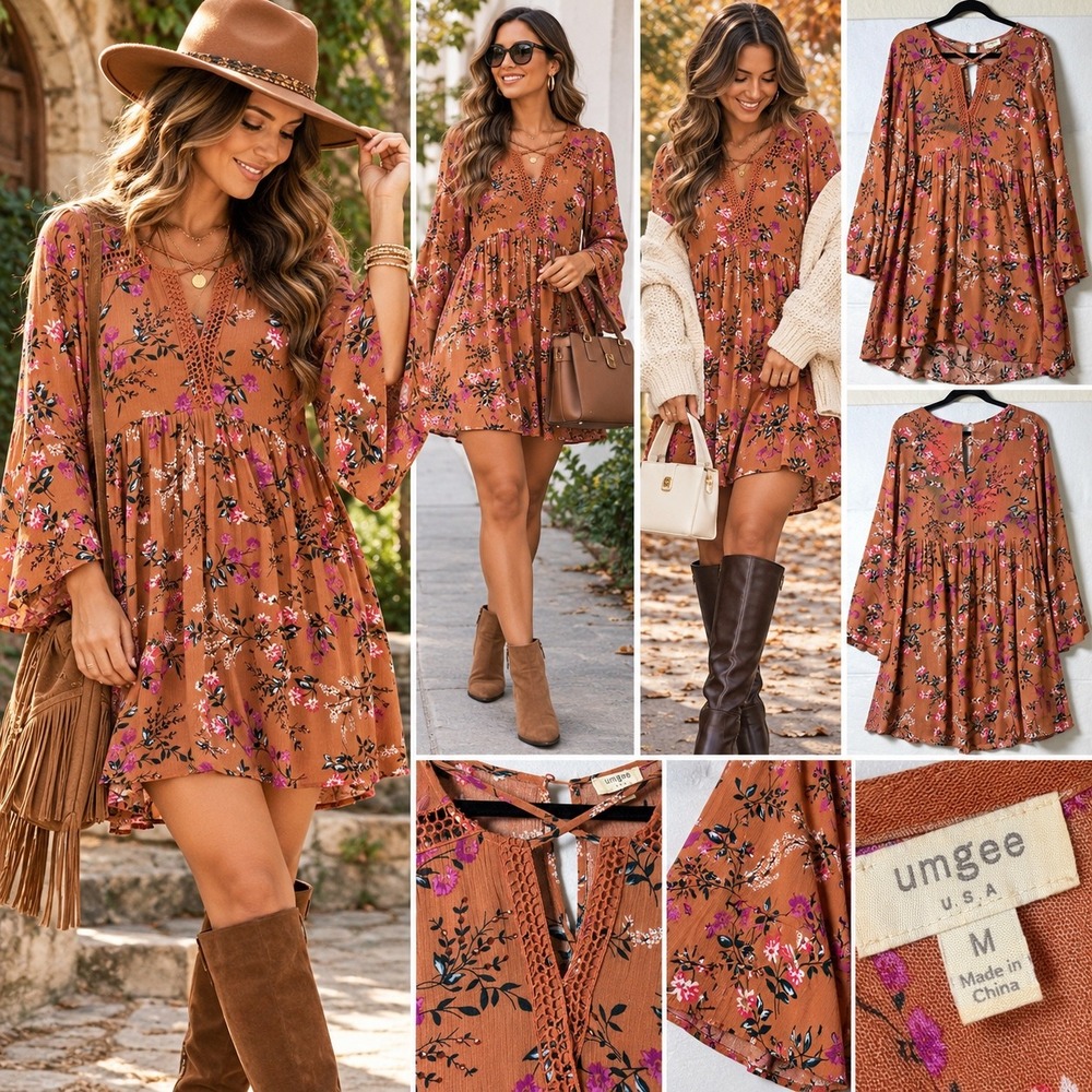Umgee Boho Floral Mini Dress Rust Orange Bell Sleeve Crochet Lace V-Neck Medium